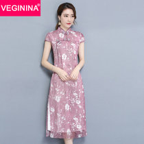 VEGININA  旗袍改良时尚修身中式连衣裙 3088(粉色 XXL)