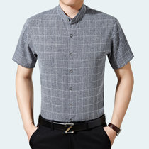 夏季中年男士立领棉麻短袖衬衫 休闲格子衬衣男薄款 宽松半袖上衣ZY526(灰色 175)