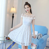 夏季女装新款白色蕾丝裙淑女气质修身短袖连衣裙A字裙(白色 XL)