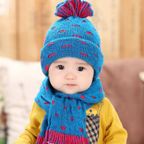 韩国婴儿帽子秋冬0-3-6-12个月男女宝宝帽子儿童小孩毛线帽围巾套装1-2岁(深蓝色)