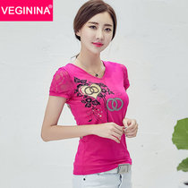 VEGININA 韩版新款短袖t恤女 2971(V领玫红 S)